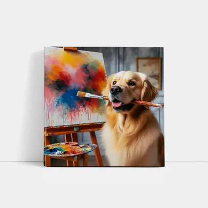 Golden Retriever Artist Painting on Canvas