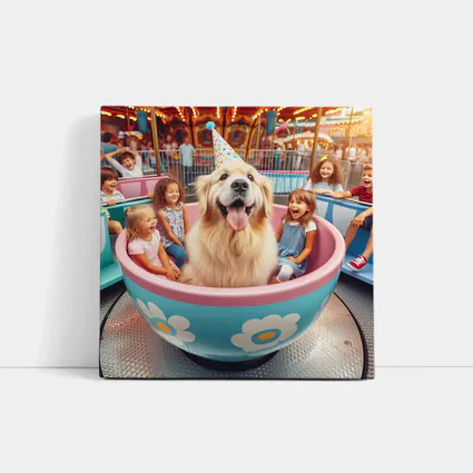 Golden Retriever Dog Riding Teacup Carnival Ride