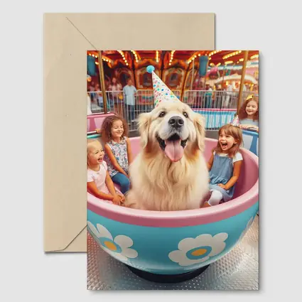 Golden Retriever Dog Riding Teacup Carnival Ride