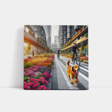Golden Retriever Running Urban Floral City Street