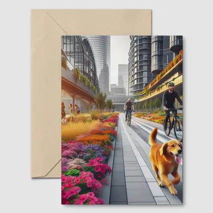 Golden Retriever Running Urban Floral City Street