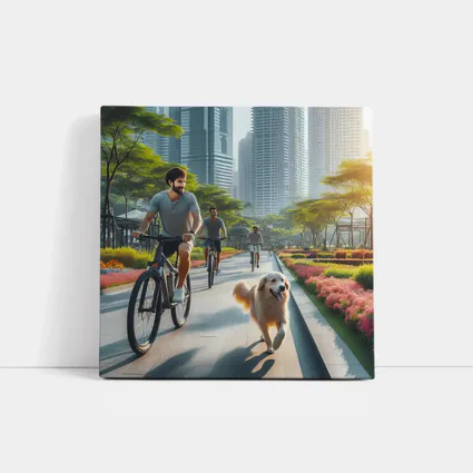 Men Cycling With Golden Retriever City Park