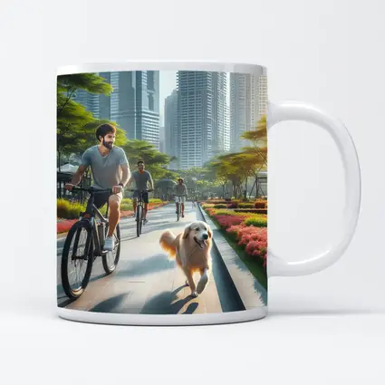 Men Cycling With Golden Retriever City Park