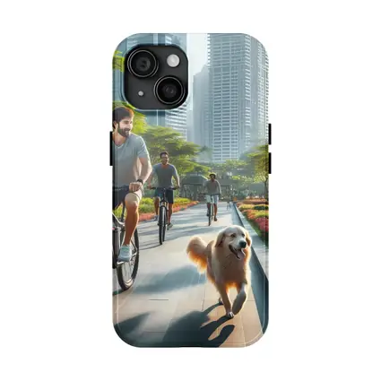 Men Cycling With Golden Retriever City Park
