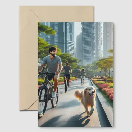 Men Cycling With Golden Retriever City Park