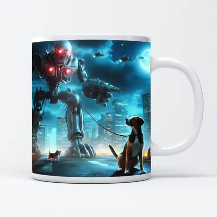 Giant Robot Walking Dog Futuristic City
