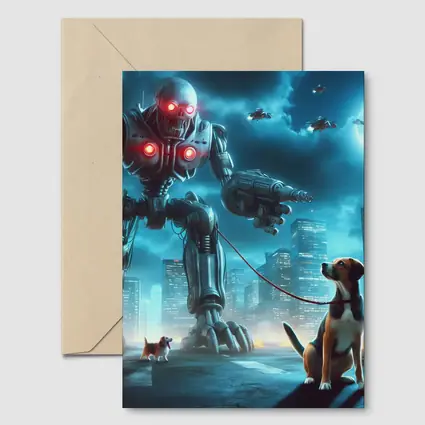 Giant Robot Walking Dog Futuristic City