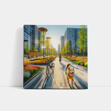Happy Dog Running Urban Park Cycling Path