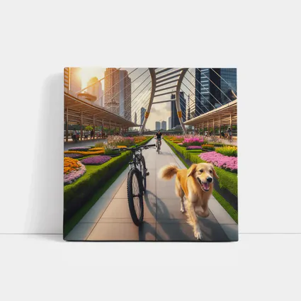 Golden Retriever Running Urban Park Cityscape