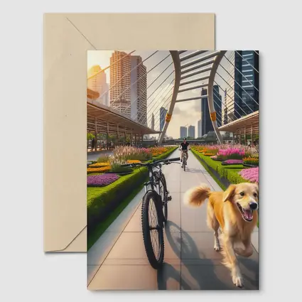 Golden Retriever Running Urban Park Cityscape