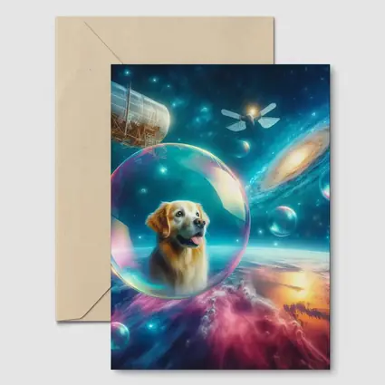 Golden Retriever Floating Bubble Outer Space Galaxy