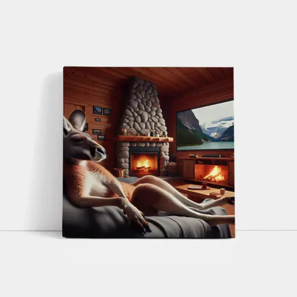 Kangaroo Relaxing In Cozy Cabin Fireplace