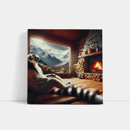Ring Tailed Lemur Relaxing by Cabin Fireplace