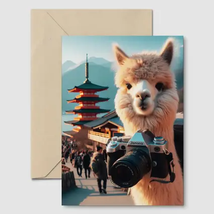 Alpaca Tourist Holding Camera Japan Pagoda