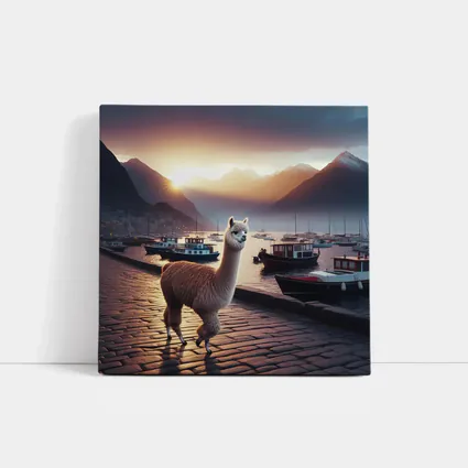 Alpaca Standing at Harbor Sunset Mountains