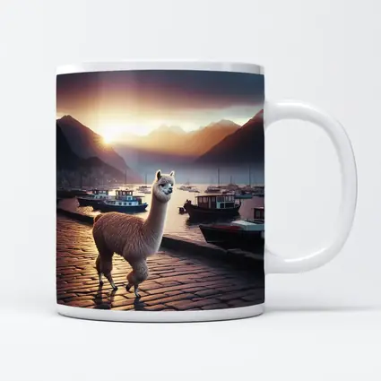 Alpaca Standing at Harbor Sunset Mountains