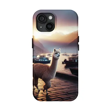 Alpaca Standing at Harbor Sunset Mountains