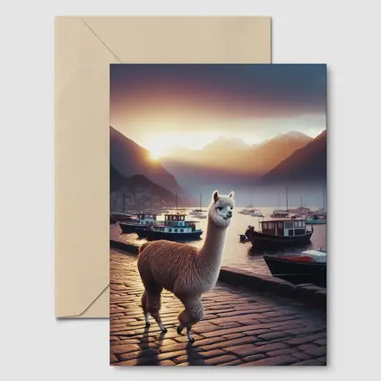 Alpaca Standing at Harbor Sunset Mountains