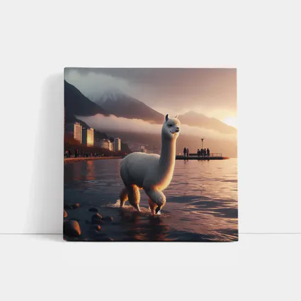 White Alpaca Wading Lakeside City Sunset