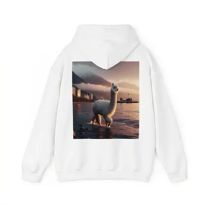White Alpaca Wading Lakeside City Sunset