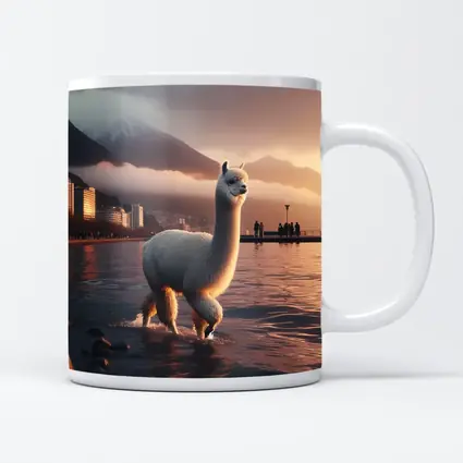 White Alpaca Wading Lakeside City Sunset