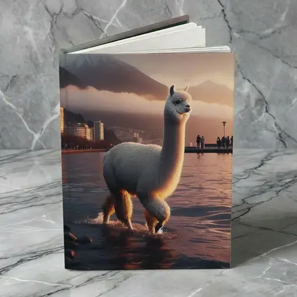 White Alpaca Wading Lakeside City Sunset