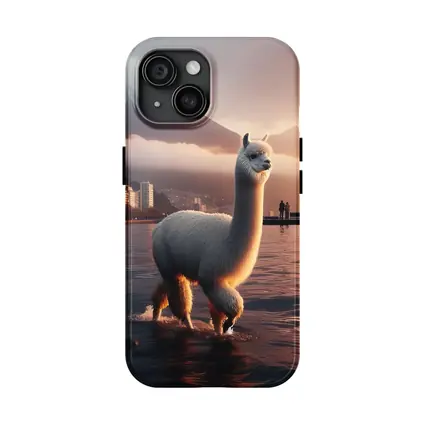 White Alpaca Wading Lakeside City Sunset