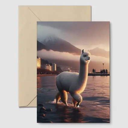 White Alpaca Wading Lakeside City Sunset