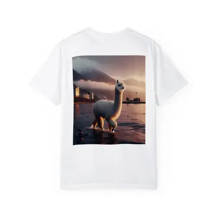 White Alpaca Wading Lakeside City Sunset