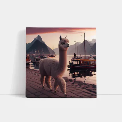 Alpaca at Sunset Harbor with Mountains