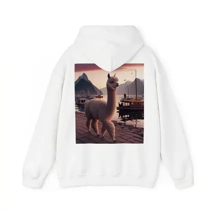 Alpaca at Sunset Harbor with Mountains