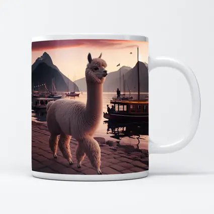 Alpaca at Sunset Harbor with Mountains