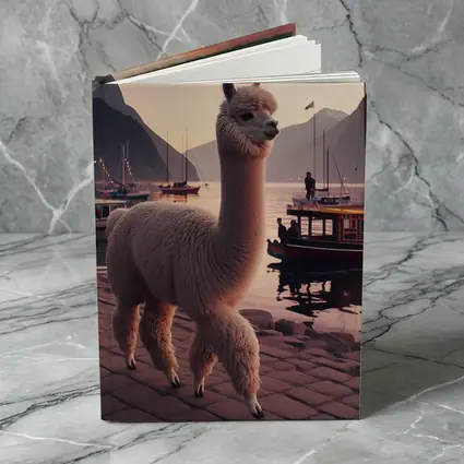 Alpaca at Sunset Harbor with Mountains