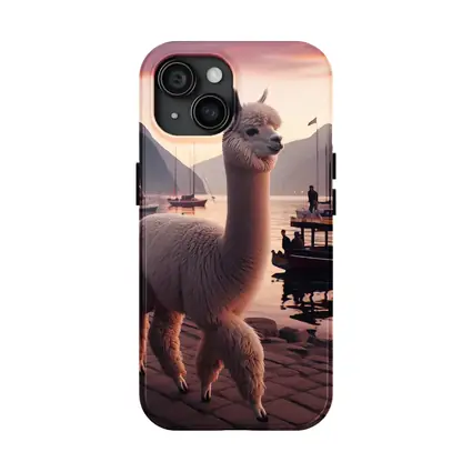 Alpaca at Sunset Harbor with Mountains