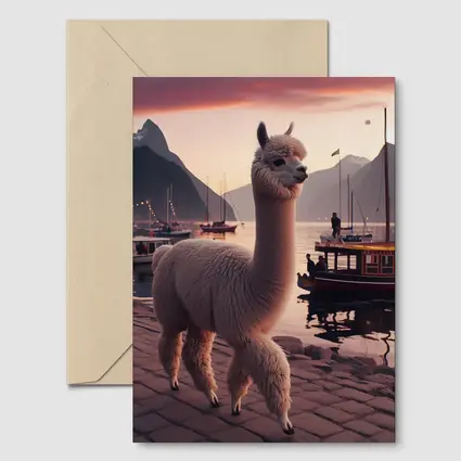 Alpaca at Sunset Harbor with Mountains