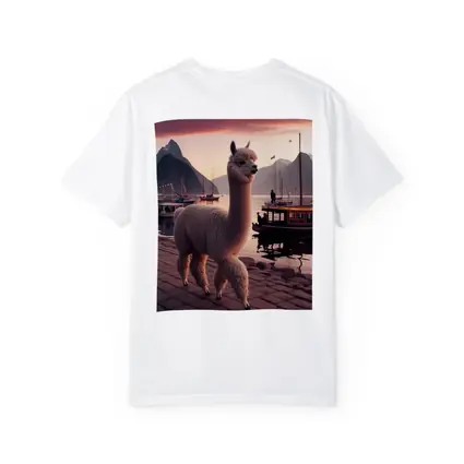 Alpaca at Sunset Harbor with Mountains