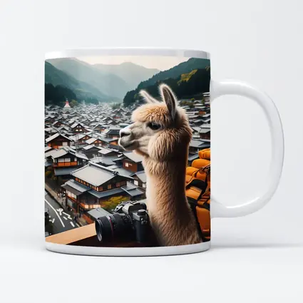 Alpaca Tourist Overlooking Japanese Mountain Town