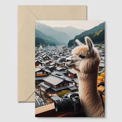 Alpaca Tourist Overlooking Japanese Mountain Town
