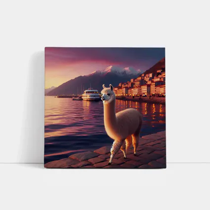 Alpaca Standing By Waterfront At Sunset