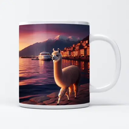 Alpaca Standing By Waterfront At Sunset
