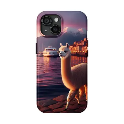 Alpaca Standing By Waterfront At Sunset