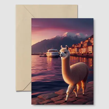 Alpaca Standing By Waterfront At Sunset