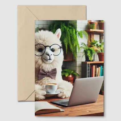 Alpaca With Glasses Working Cafe Setting