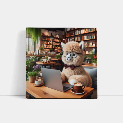 Alpaca With Glasses Working In Cozy Cafe