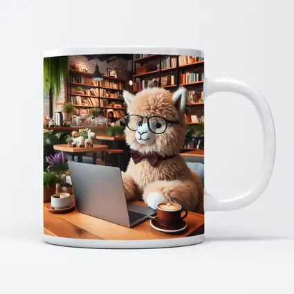 Alpaca With Glasses Working In Cozy Cafe