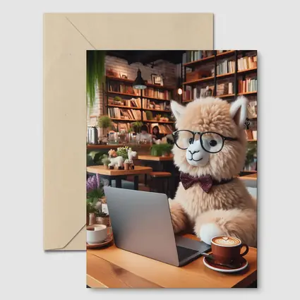 Alpaca With Glasses Working In Cozy Cafe