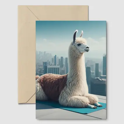 Llama Sitting On Yoga Mat City Skyline