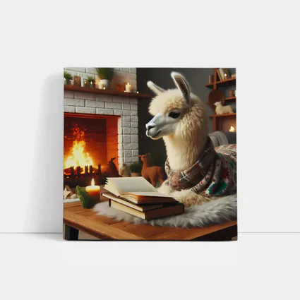 Cozy Llama Reading Books By Fireplace
