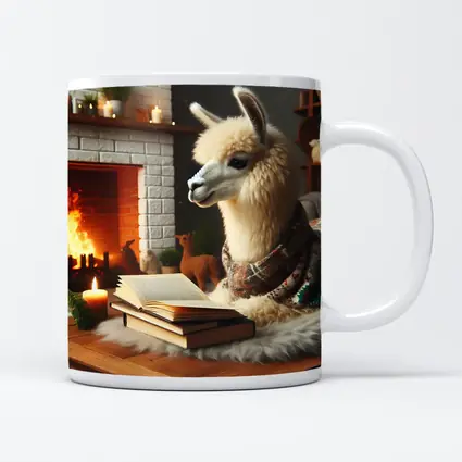 Cozy Llama Reading Books By Fireplace