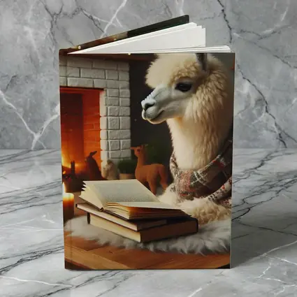 Cozy Llama Reading Books By Fireplace